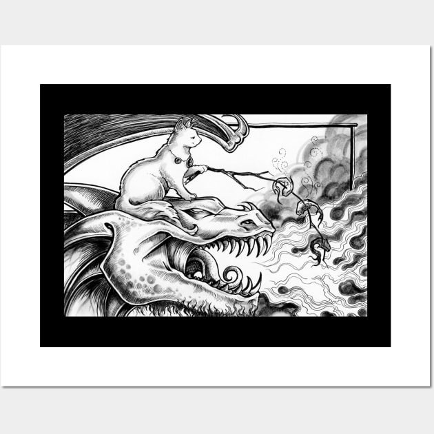 Cat with Pet Dragon Roasting Fish Wall Art by Nat Ewert Art